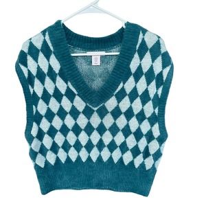 Sincerely Jules Sweater Vest Womens Medium‎ Green White Eyelash V-neck Soft
